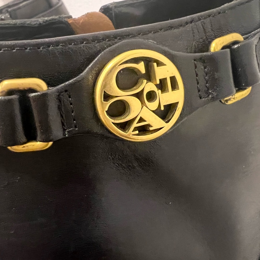 Elegant Coach Black Leather Ankle Booties Heels Gold Logo Harness - Picture 6 of 6
